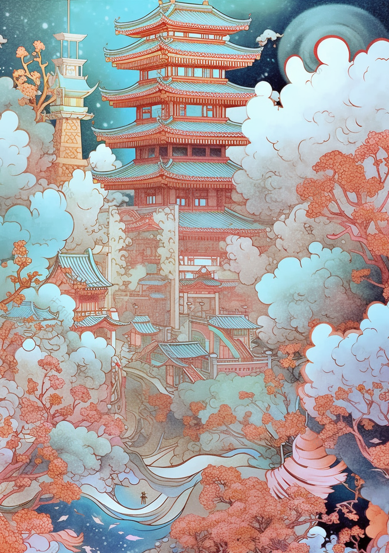 花朵树木从中的宫殿中国风插画背景,插画/手绘图,插画/手绘图库,插画/手绘图下载,插画/手绘